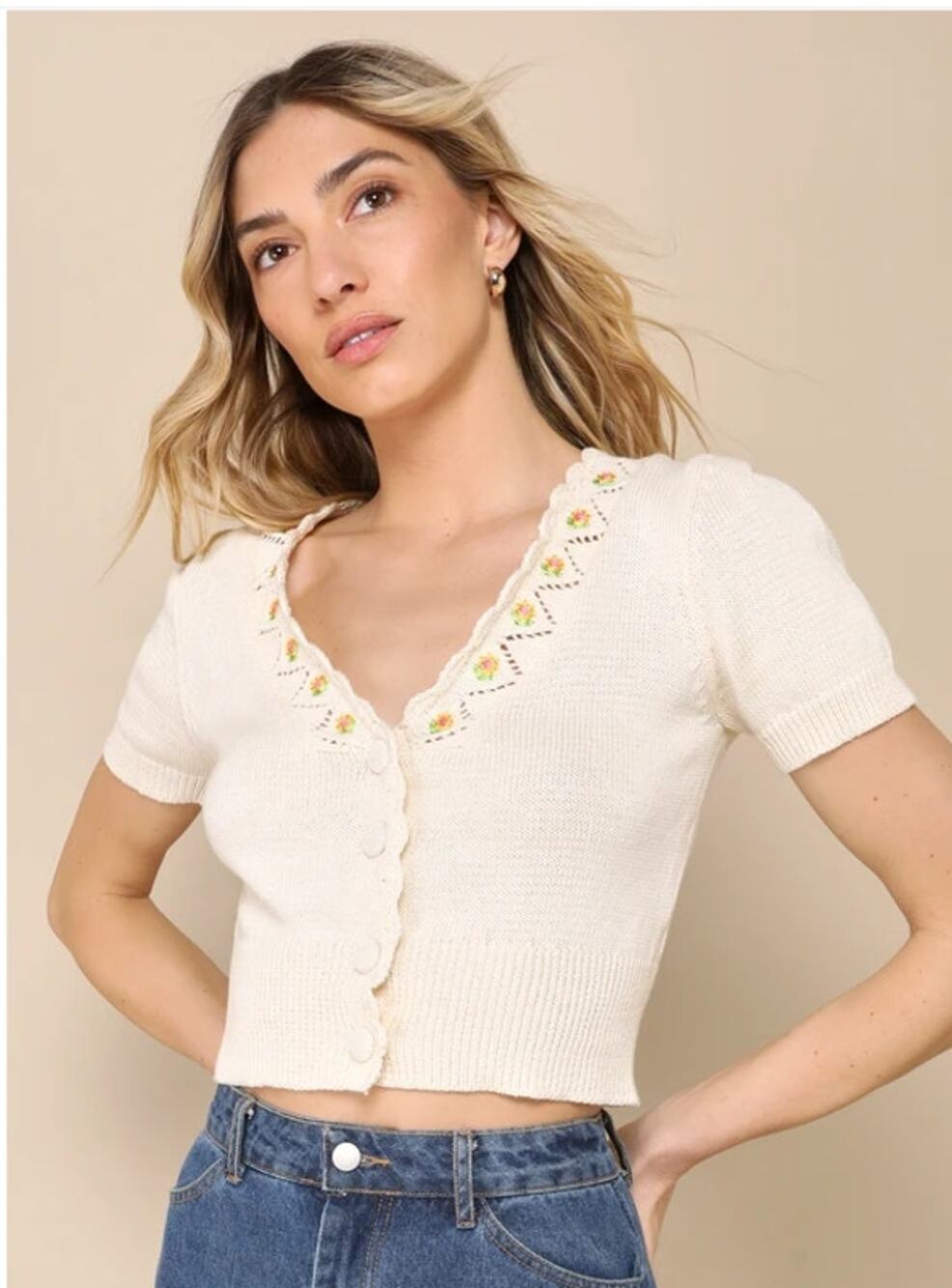 Lulus Sweet Ideal Ivory Embroidered Short Sleeve Button-Up Cardigan Small Floral